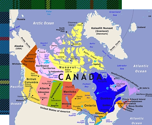 A map of canada with the canadian provinces colored in.